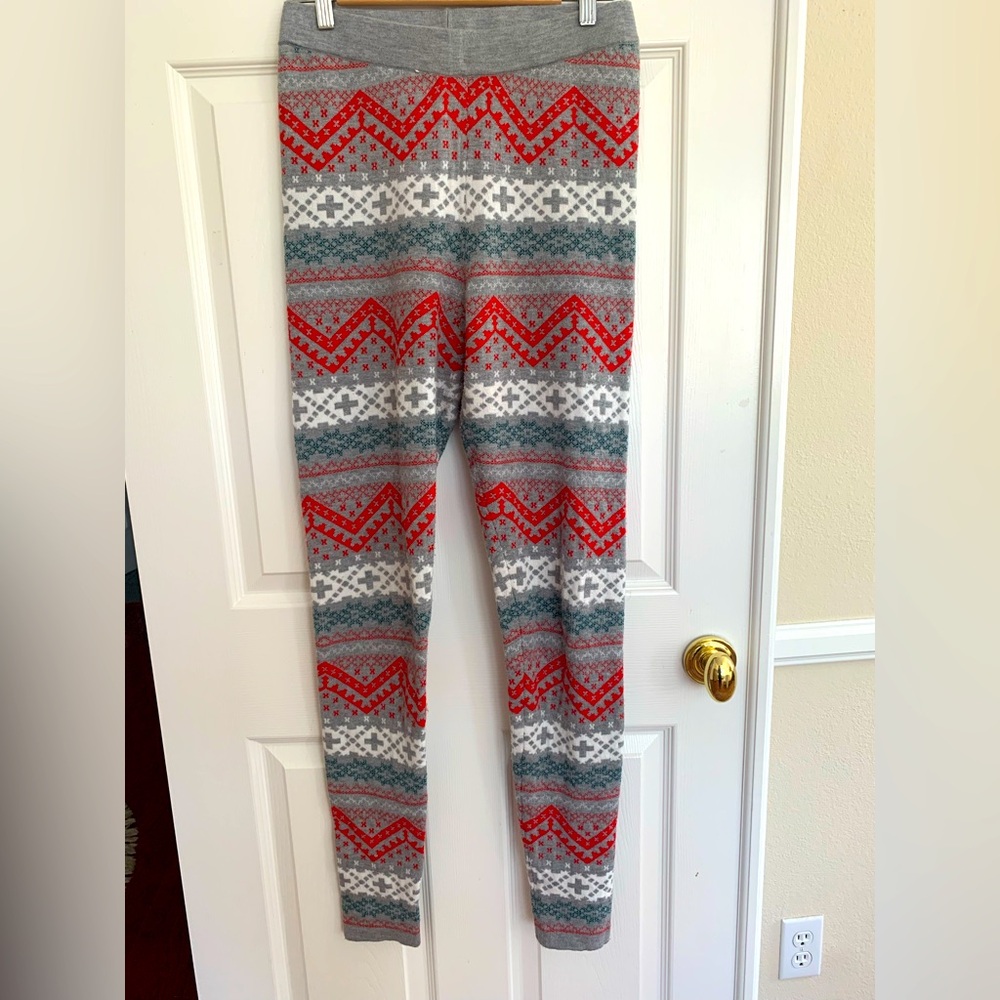 Pink Rose Loungewear: Gray/Red/White Soft Knit Pants, Warm, Elastic Waist, Large
